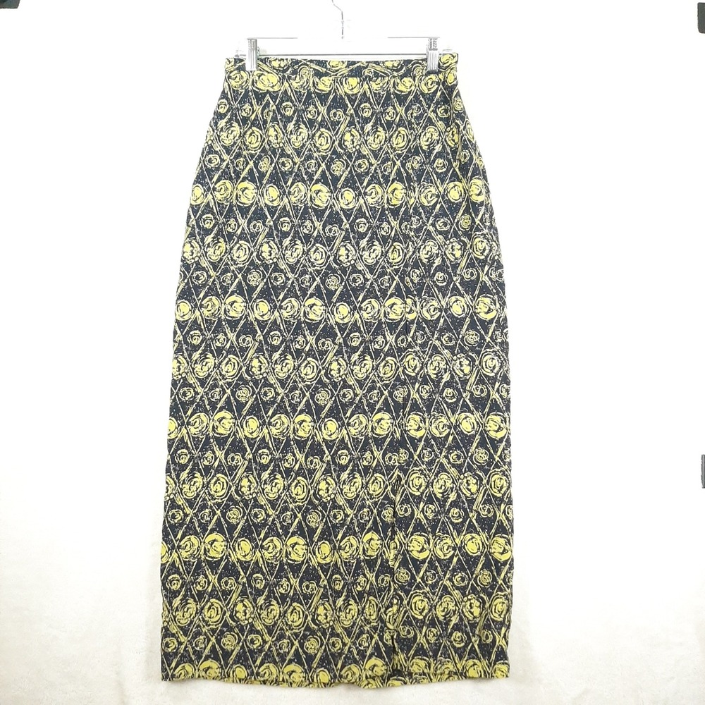 Rafael Vintage Black Yellow Floral Geometric Maxi Skirt Size 10 High Waist Retro